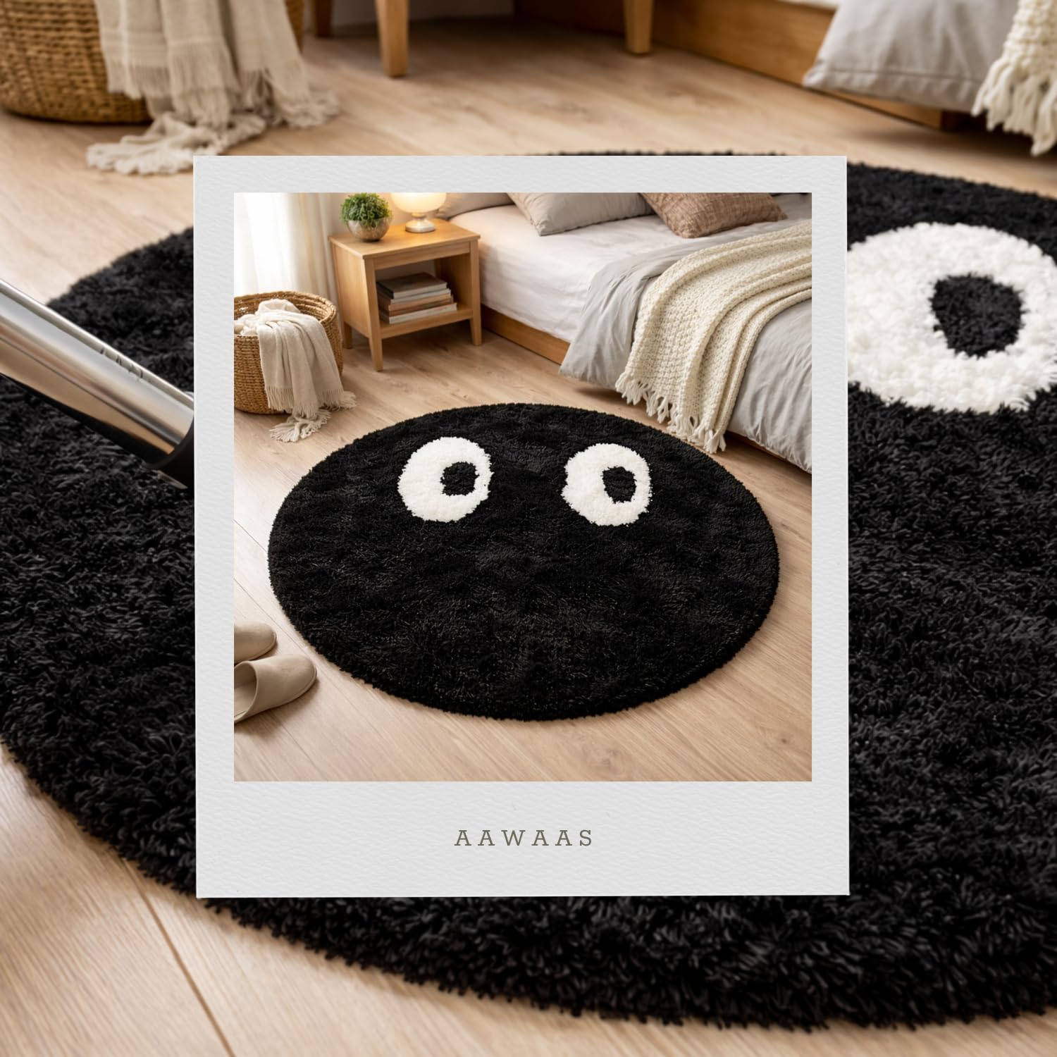AAWAAS Premium Polyester Shaggy Round Rug – Soft Fluffy Circle Carpet – Living Room & Bedroom Area Rug with Non-Slip Backing (Googly Eyes, 3x3 feet, Round) 4