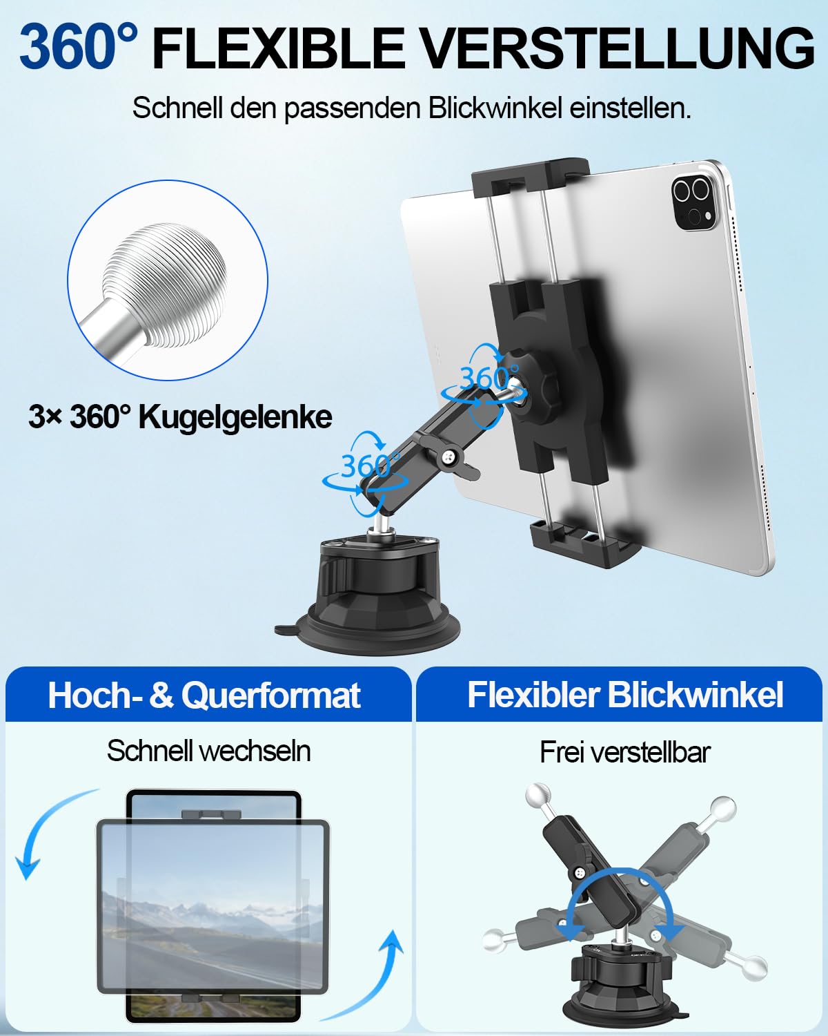 Tablet Autohalterung Vorne mit Starkem Vakuumsaugnapf, 4–13 Zoll