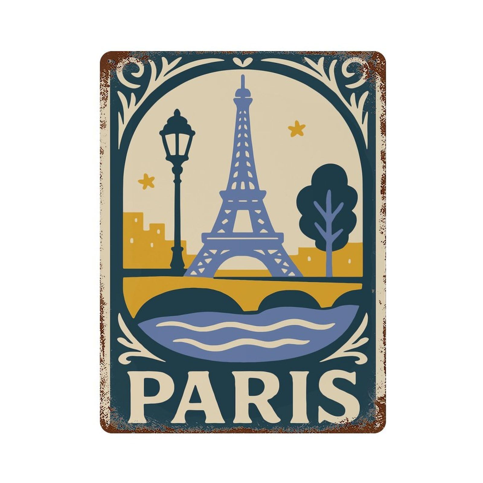 Weathered Tin Sign with Paris Illustration with Eiffel Tower Design 15.7"x11.8", for Office, Studio And Wall Decor, Retro Wall Decor