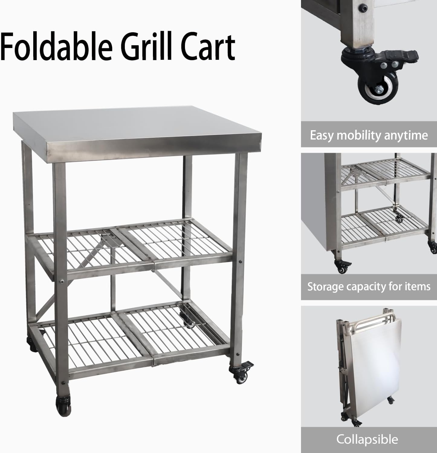 Stainless Steel Kitchen Cart, Foldable Origami Design,Slim Rolling Cart with Storage, Portable Microwave & BBQ, Kitchen Island on Wheels