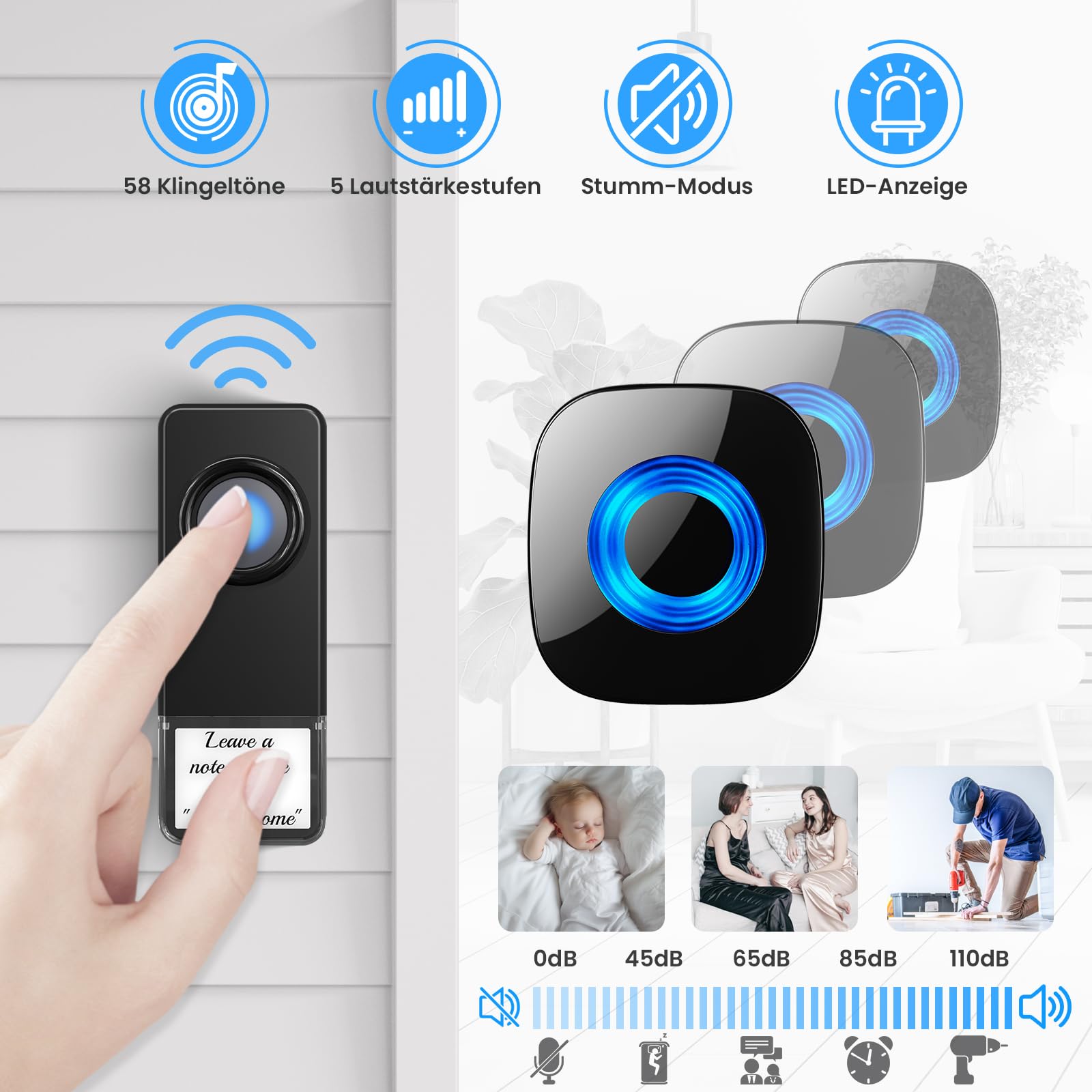 PHYSEN Campanello Senza Fili da Esterno Impermeabile IP55, Portata 400M, 5 Livelli Volume 58 Melodie, con Indicatore LED, Kit Campanello Wireless Per Porta Con 4 Ricevitore Plug-In + 2 Trasmettitore