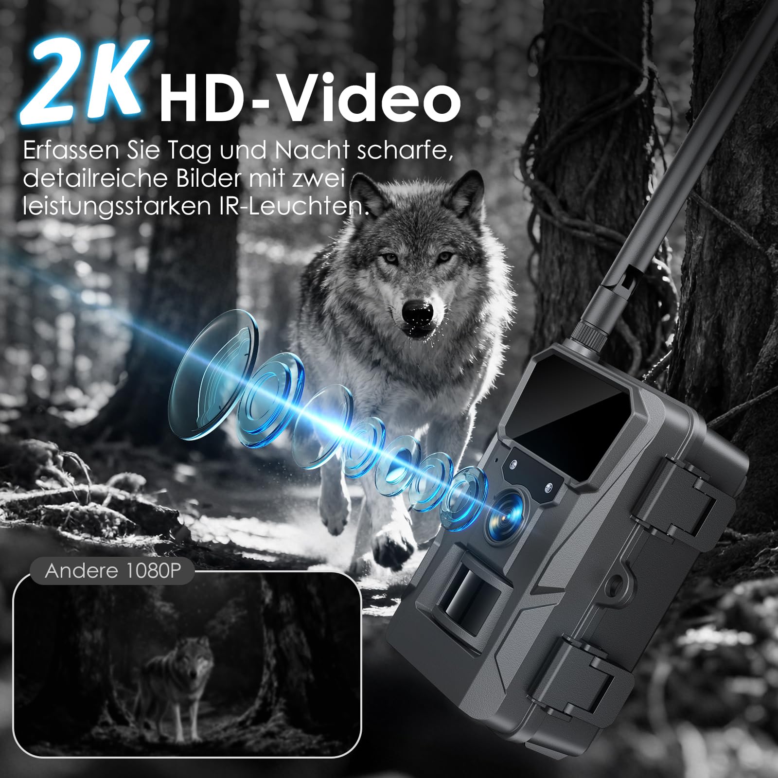 WOLFANG Wildkamera 2K 48MP, 4G LTE Live-Solar-Übertragung Wildkamera mit Handyübertragung-App, Echtzeitalarm, Infrarot-Nachtsicht-Jagdkamera mit 5200 mAh Akku, 64 GB SD-Karte, IP66 schwarz