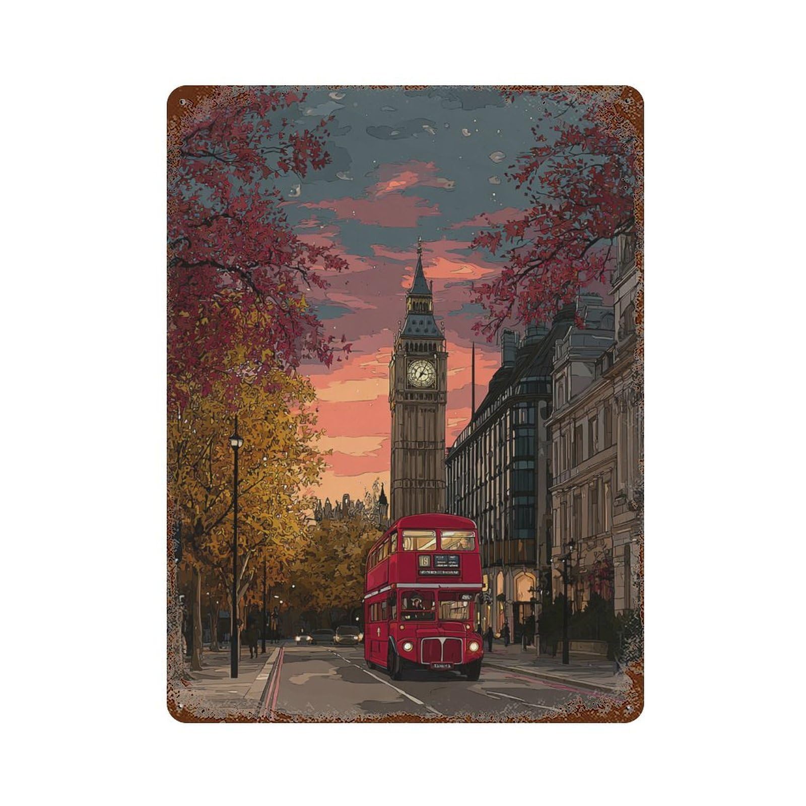Weathered Tin Sign with London Autumn Evening Scene Design 15.7"x11.8", for Office, Studio And Wall Decor, Retro Wall Decor