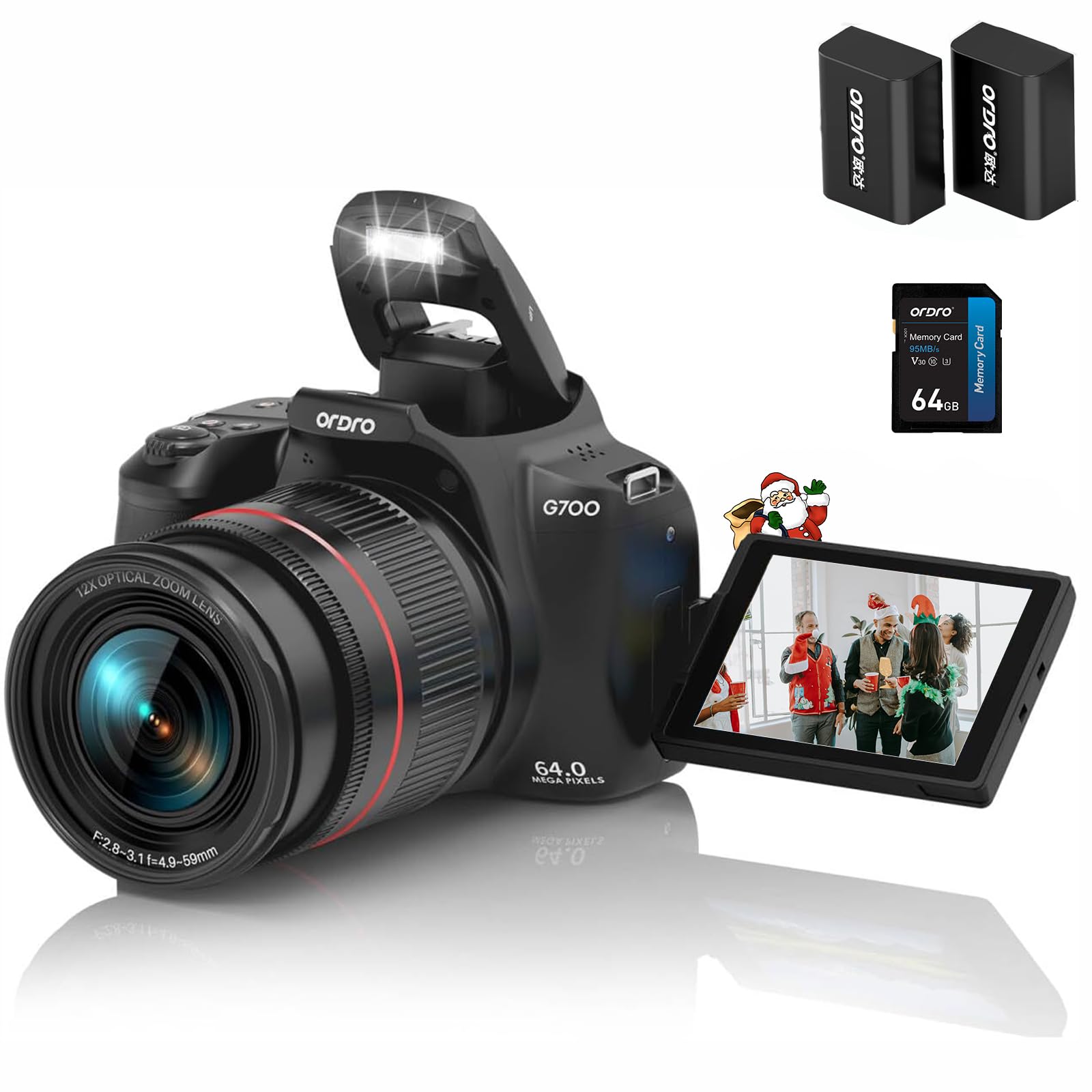 4K Digital Camera for Photography & Video, 12X Optical Zoom Camera with Flip Screen, 64MP WiFi Touch Screen Vlogging Camera with Flash, 64GB Card,