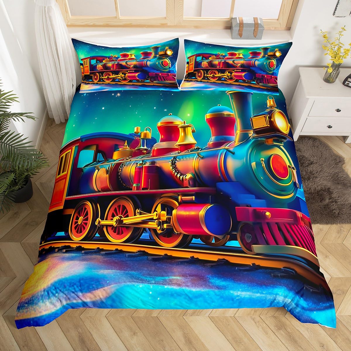 Homewish Steam Train Bedding Set Double,Aurora Train Duvet Cover for Boys Girls Kids,Railroad Transportation Vehicle Bed Set Northern Lights Duvet Cover 3Pcs Bedroom Decor (No Comforter)
