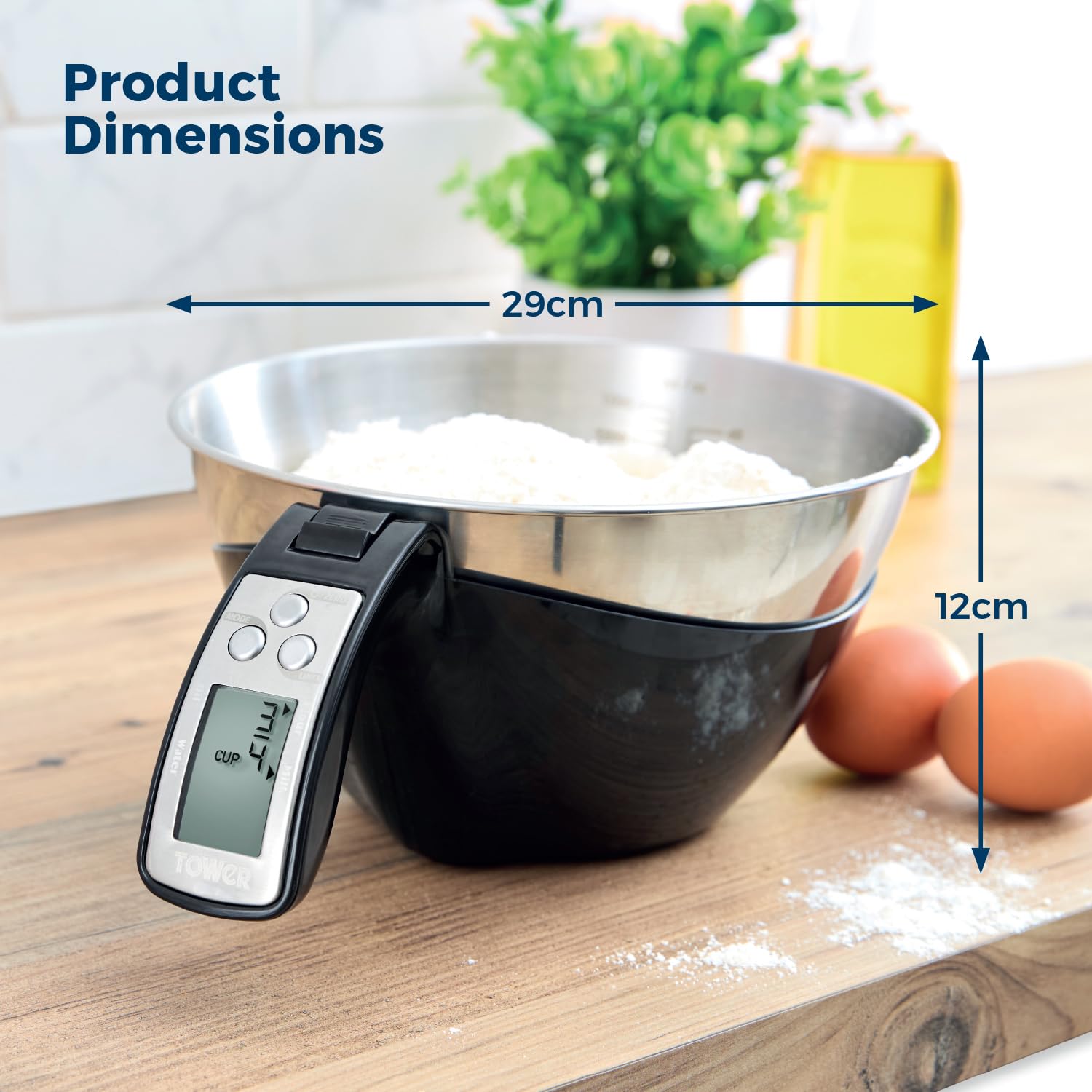 Tower Báscula digital 3 en 1, cuenco de acero inoxidable de 1,5 L, precisión de 1 g, añade y pesa para ingredientes húmedos y secos, modos de peso/volumen convertibles, capacidad de 5 kg, negro