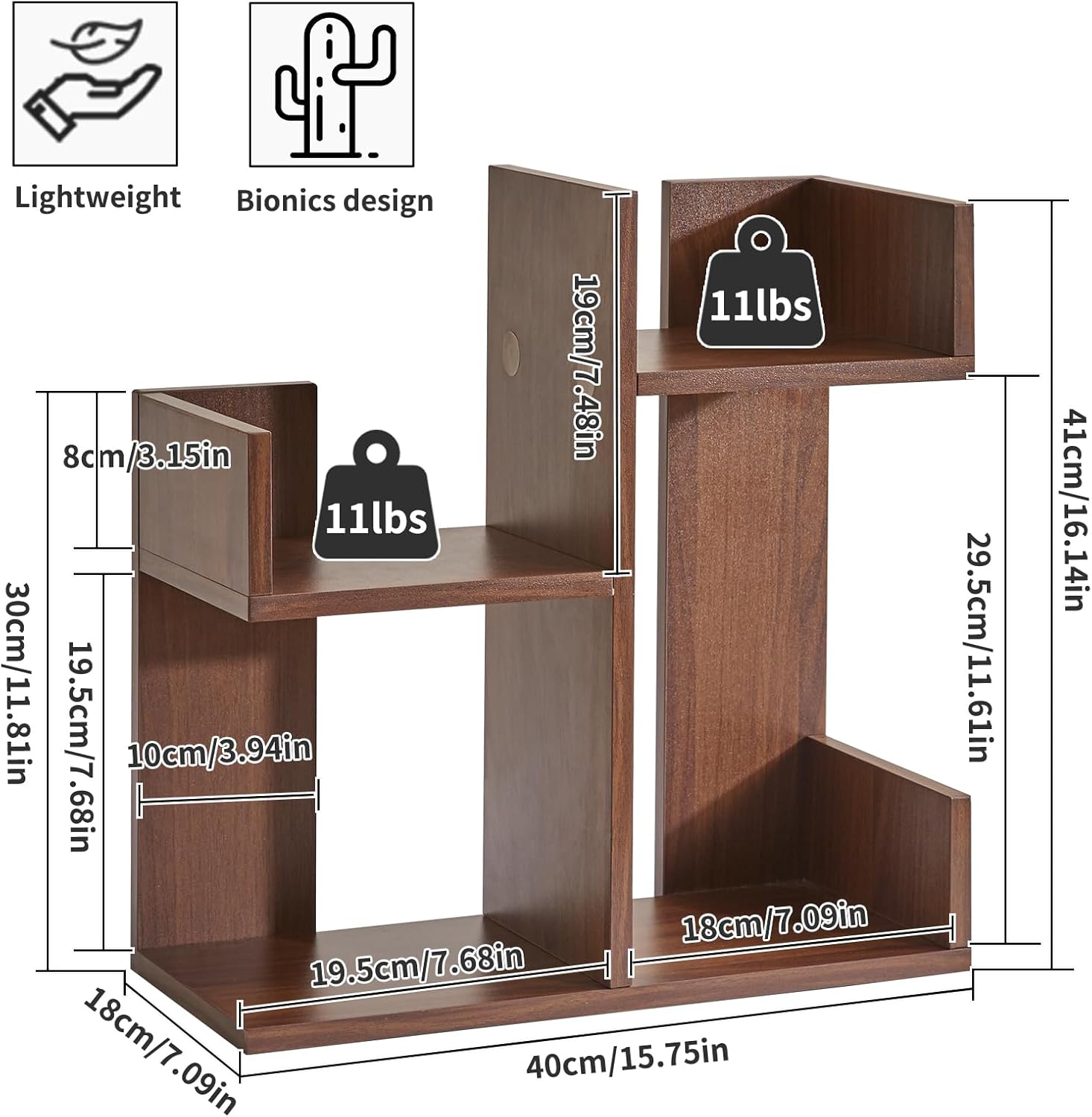Aibiju Small Bookshelf for Small Space, Unique Cactus Bookcase, Kitchen Counter Shelf Desktop Organization, Light Walnut YD-DSR002LW