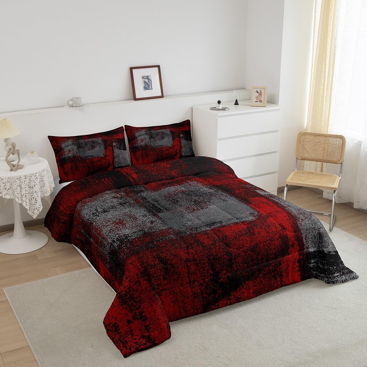 Grunge Ombre Comforter Set Queen Red Black Dark Grey Bedding Sets Watercolor Abstract Quilt Set For Kids Boys Girls Vintage Hippie Graffiti Duvet Insert Oil Painting Style Room Decor 2 Pillow Cases