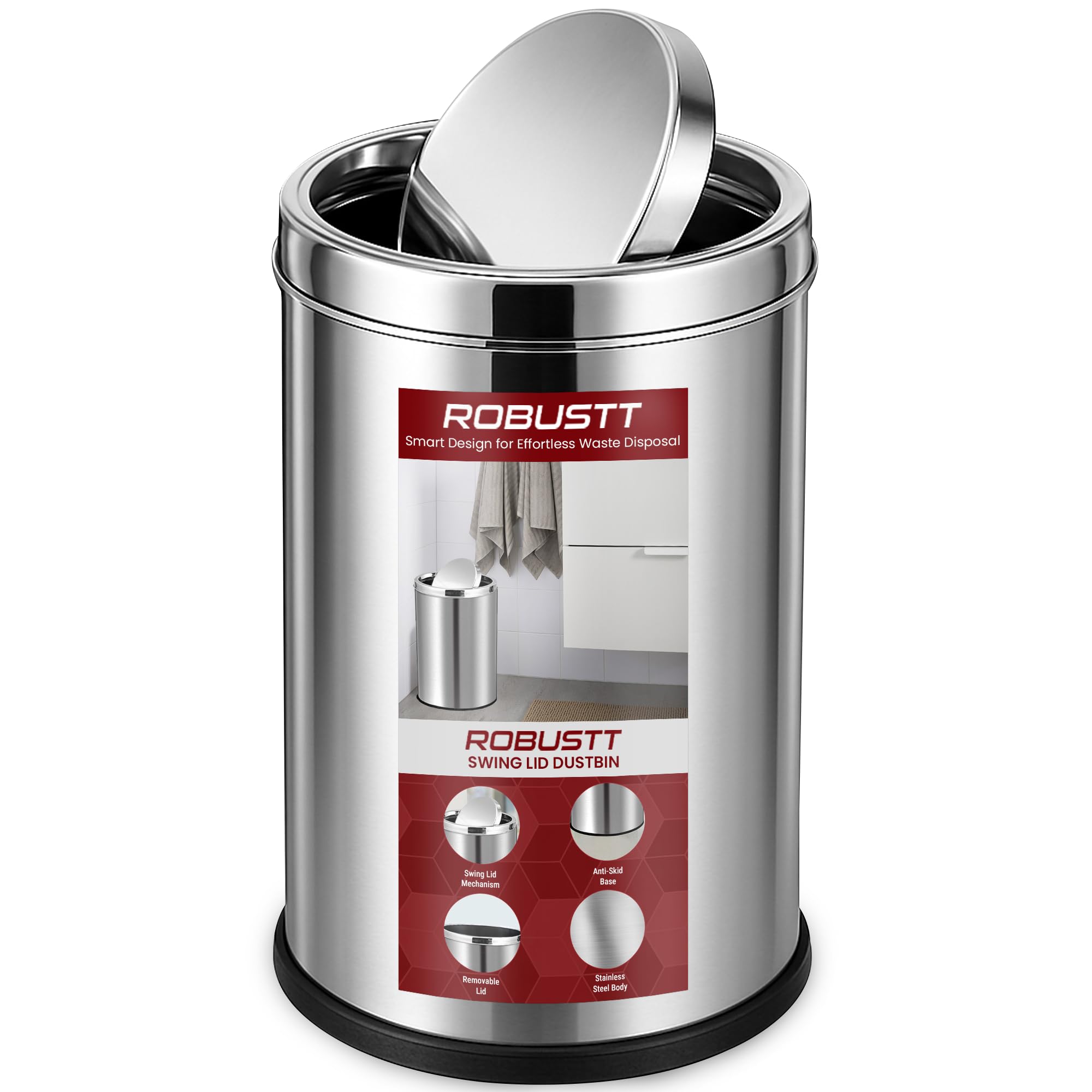 Robustt Swing Lid Dustbin - 20L | Silver Stainless Steel Trash Can | 10 Inch (W) x 14 Inch (H) | Swing lid dustbin with removable lid| For Kitchen, Bathroom, Office & Commercial Use - Pack of 1-image-23