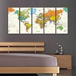 5 Panels World Map Large Modern Stretched and Framed Giclee Canvas Prints Artwork Contemporary Abstract Pictures Paintings on Canvas Wall Art for Living Room Bedroom Home Decorations(49"W x 24"H, framed and ready to hang)