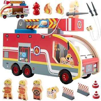 Nene Toys Camion de Pompiers Éducatif en Bois FSC avec Échelle 360° et Tuyaux Magnétiques