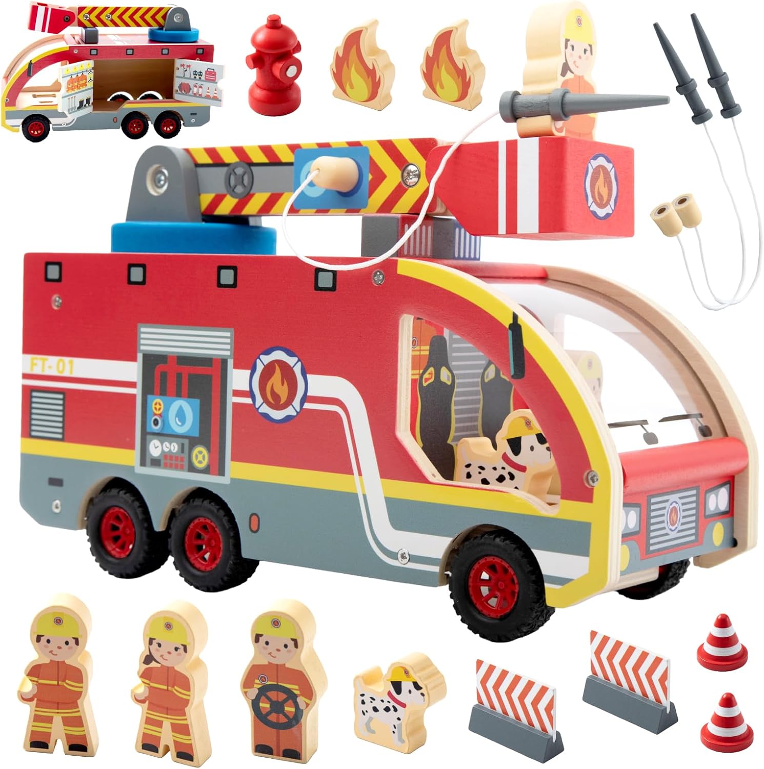 Nene Toys Wooden Fire Truck Toy Set – FSC Fire Engine with Rotating Ladder, Magnetic Hose, Hydrant, 3 Firefighters, Dalmatian & Accessories – Durable Wood Truck Toy for Kids 2+