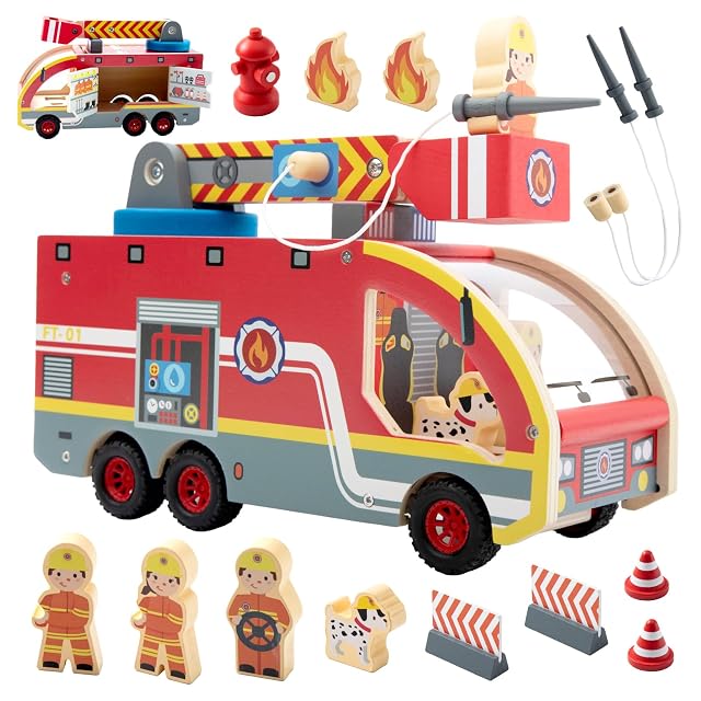 Nene Toys Camión de Bomberos de Madera - Juguete Educativo Magnético para Niños desde 2 Años