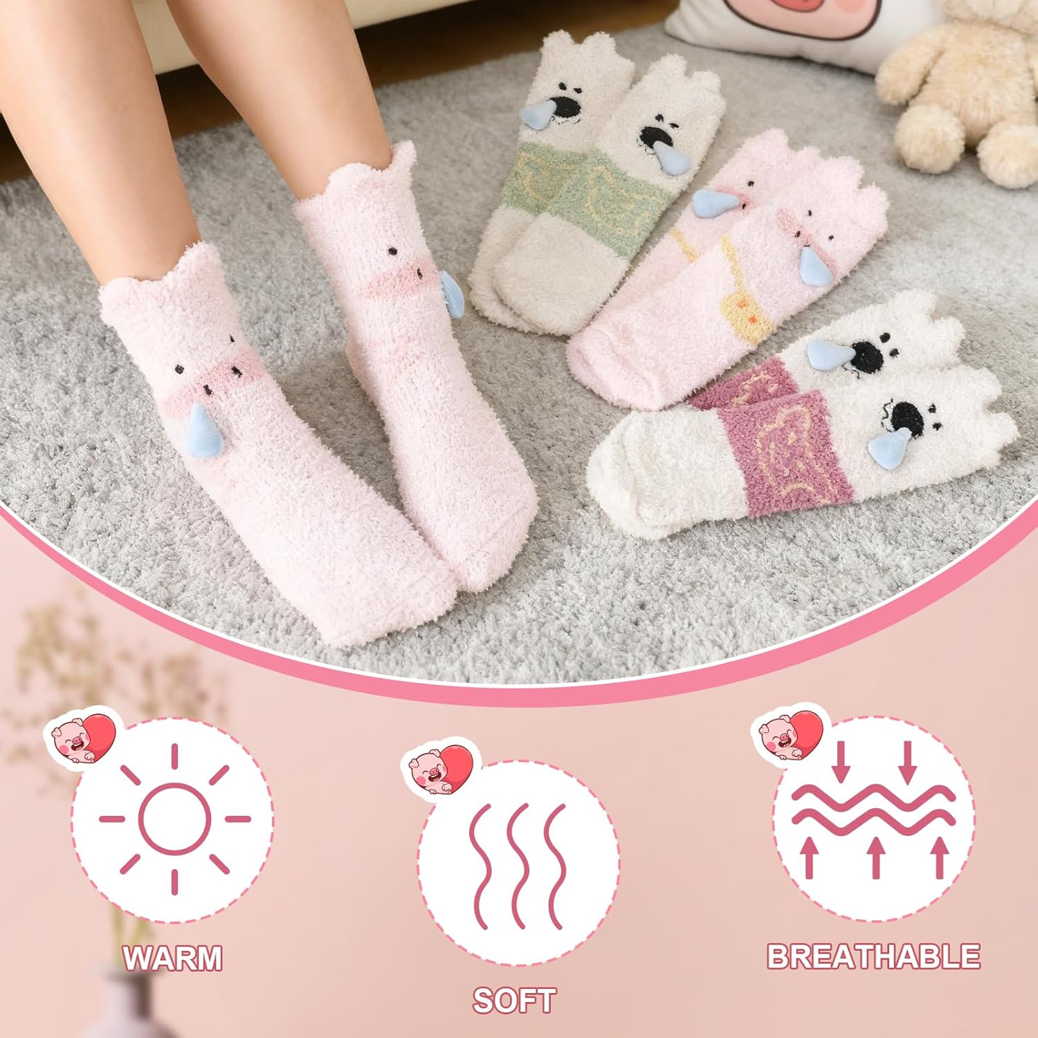 Womens Fuzzy Socks Bow Cute Animal Girls Slipper Sock Funny Winter Cozy Fluffy Warm Socks Home Sleeping - Image 3