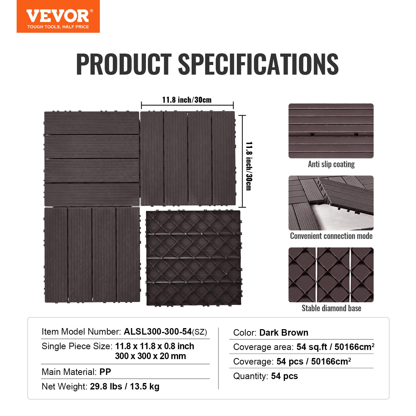 VEVOR Piastrelle per Patio ad Incastro 54 Pezzi 300 x 300 x 20 mm, Piastrelle Impermeabile in Plastica, Piastrelle per Tutte Le Condizioni Atmosferiche, per Portico Piscina Cortile, Marrone Scuro