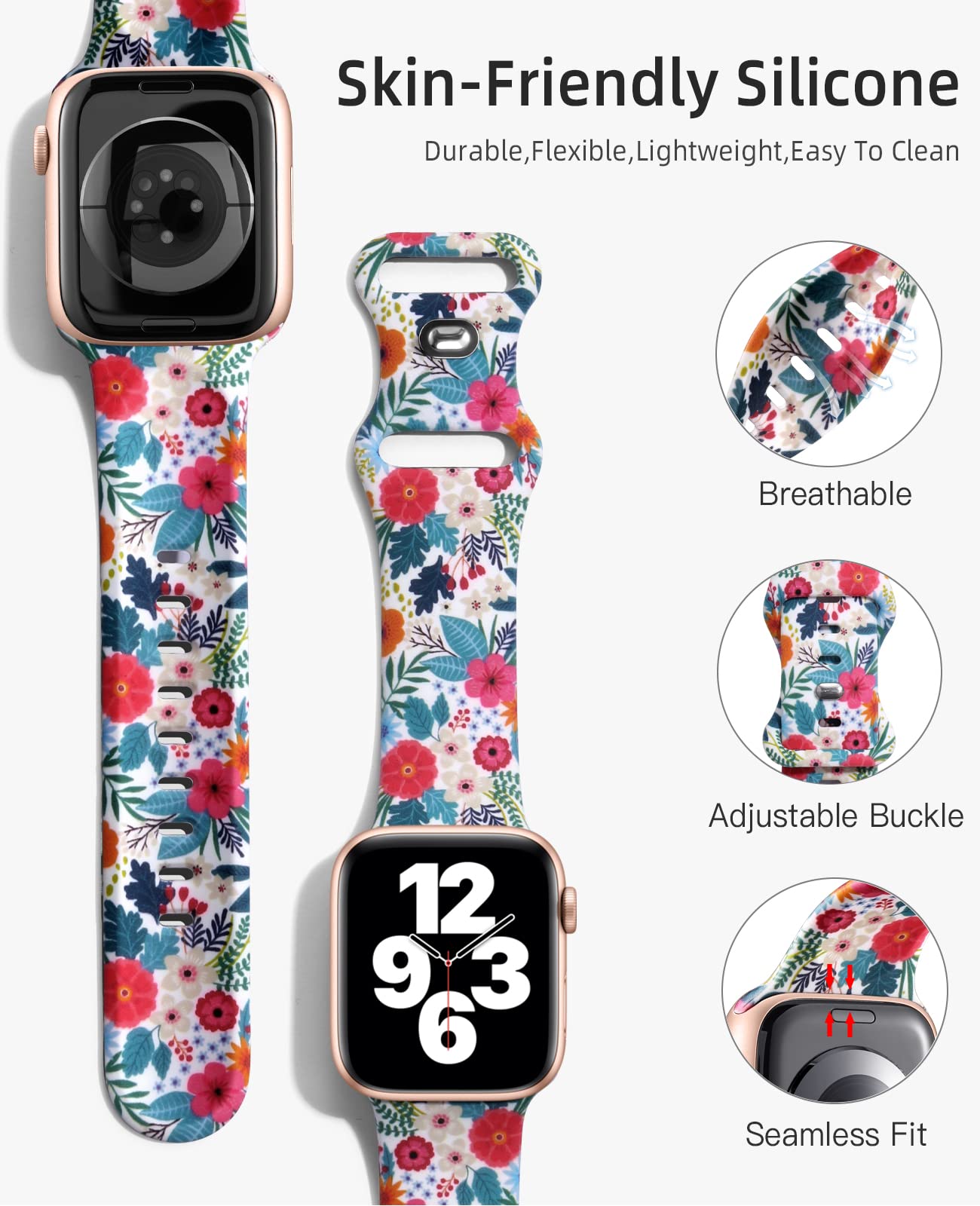 Foxibands Cinturino Floreale Per Apple Watch 38-45 Mm - Silicone Morbido Con Ragno Gotico, Regolabile, Per Serie 1-9 E SE, Nero