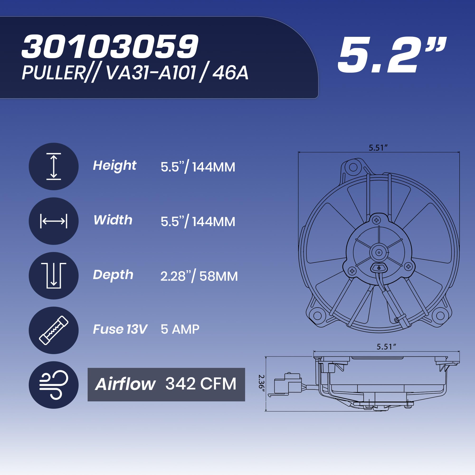 SPAL 30103059 Ventilador extractor de 5.2 pulgadas, 12 voltios, hoja recta de alto rendimiento, 342 cfm VA31-A101/46A con conector sellado Weatherpack