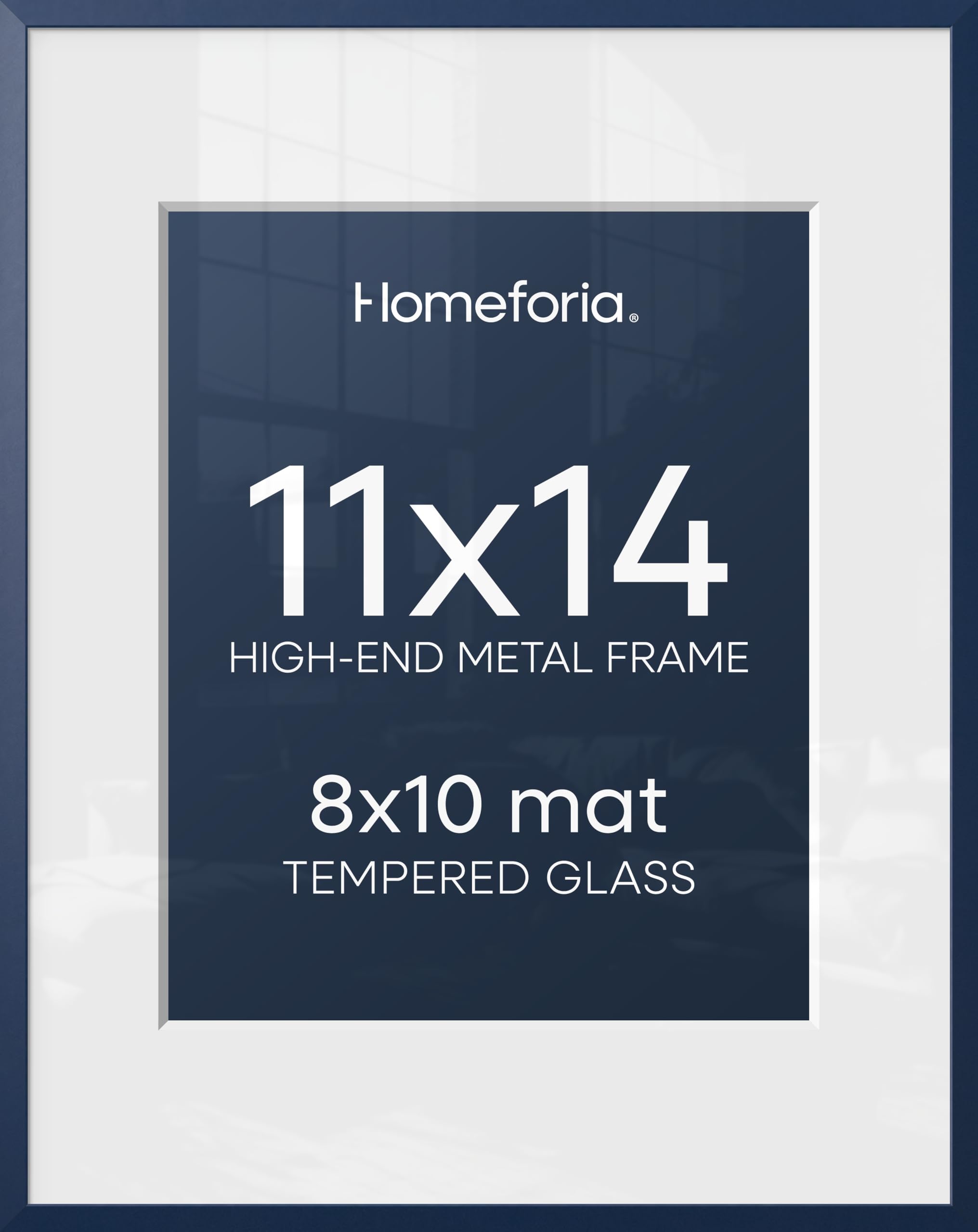 Homeforia 11x14 Blue Picture Frame, High-End Metal, 8x10 Mat, Glass | High End Aluminum, Tempered Glass, Acid-Free 8x10 Removable Mat, 11x14 in Edge-to-Edge Display 14x11, Wall Kit, Set Of 2