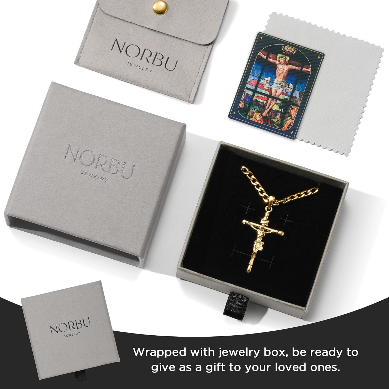 NORBU 18K Gold over S925 Crucifix Necklace for Men with Rope/Cuban Chain, Catholic Jesus Cross Pendant, Men's Religious Gift for Easter Christmas - Image 7