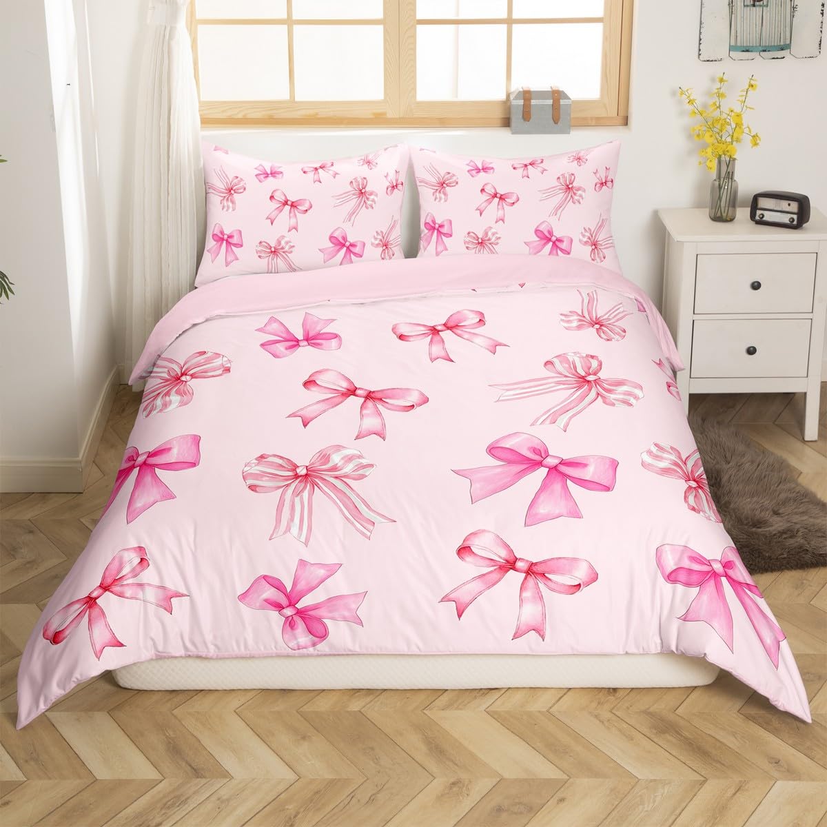Homemissing Pink Bowknot Duvet Cover Set King Size For Kids Girls Teens Bedroom Cute Coquette Bow Bedding Set Bow Ribbon Comforter Cover with 2 Pillowcases - Image 3