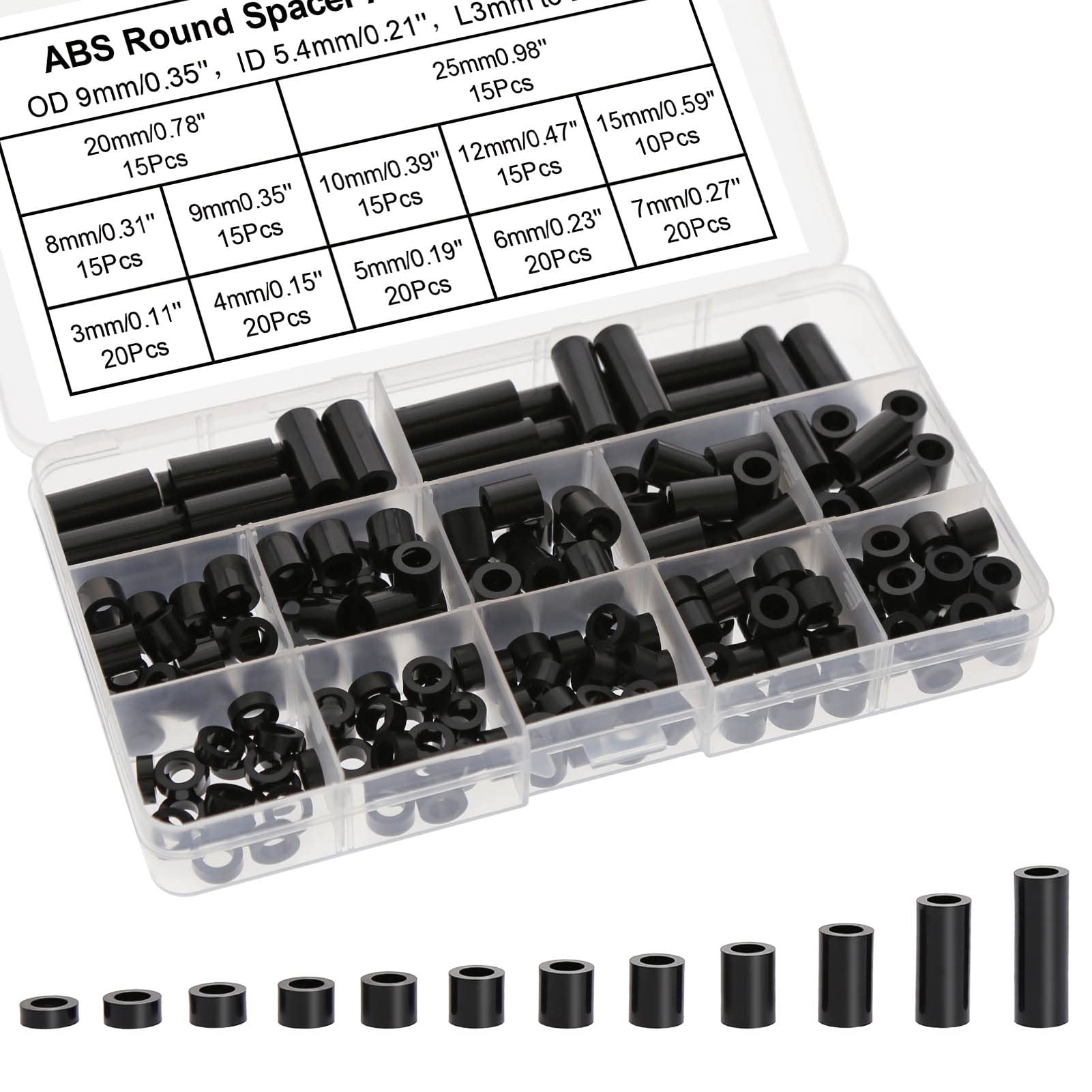 200PCS Black ABS Plastic Round Spacer Assortment Kit for M5 Screws Round Straight Tube (ID 5.4mm 0.21inch) 12 Heights 0.11inch-0.98inch