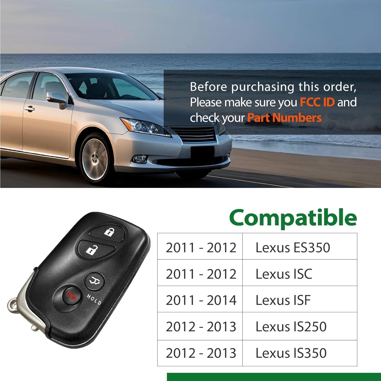 Replacement for 2011 2012 2013 2014 Smart Proximity Lexus ES350 ISC ISF IS250 IS350 GNE 271451-6601 Board Key Fob HYQ14AEM 315MHz 4 Buttons
