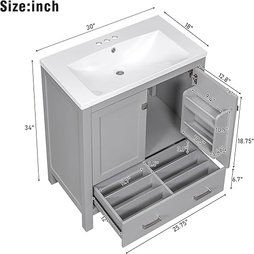 Miniatura 2 de Merax Tocador de baño de 30 pulgadas con lavabo individual, armario combinado de montaje inferior, armario de almacenamiento de baño con 2 puertas y