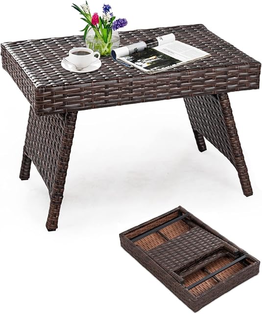 Multigot Folding Wicker Side Table, Indoor Outdoor Rattan Coffee Table, Waterproof Portable End Table for Garden Patio Poolside Bistro