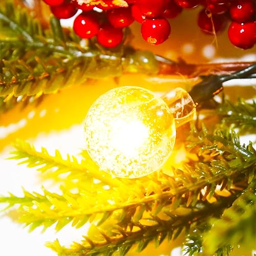 Miniatura 7 de NATITI Guirnalda de Navidad de 8.8 pies con luces preiluminadas, guirnalda artificial de ciprés de pino, flores rojas, funciona con pilas, manto,