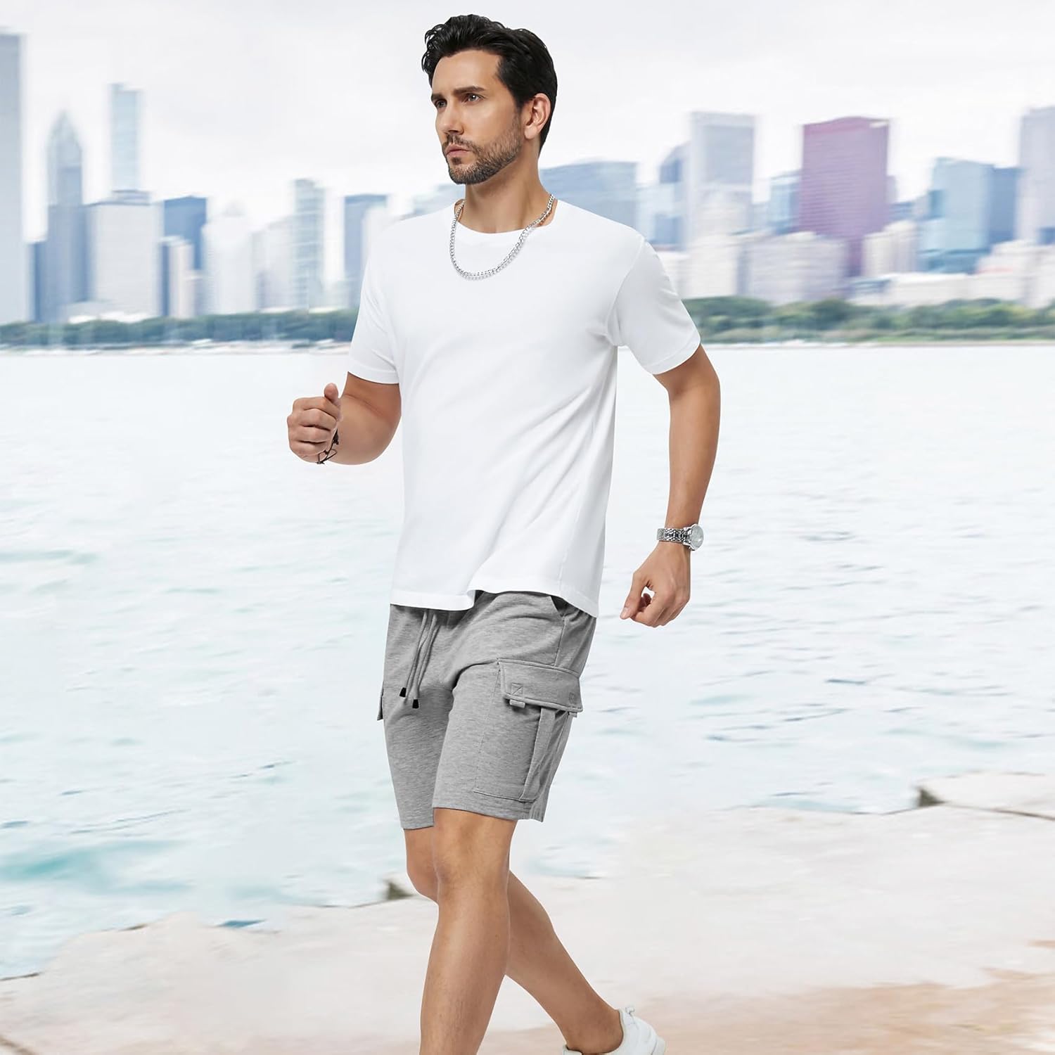 Mens Casual Sweat Cargo Cotton Shorts Drawstring Elastic Waist Athletic Workout Gym Jogger Shorts with 5 Pockets - Image 7