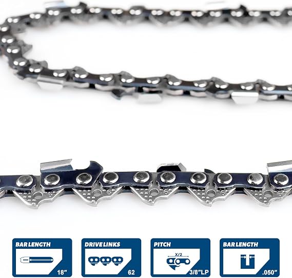 18 Inch Chainsaw Chain 3/8LP Pitch 050Gauge 62 Drive Links-91PX Fits for Poulan Craftsman Echo and More