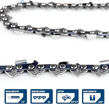 18 Inch Chainsaw Chain 3/8LP Pitch 050Gauge 62 Drive Links-91PX Fits for Poulan Craftsman Echo and More