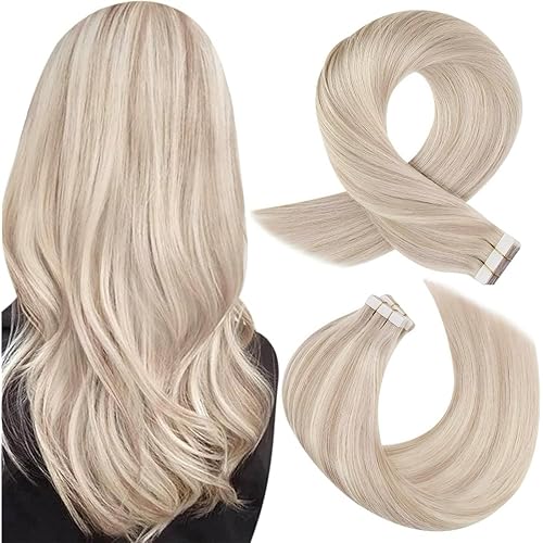 Moresoo Tape in Hair Extensions Human Hair Highlighted Hair Extensions Tape in Ash Blonde Highlighted with Bleach Blonde Hair Extensions Real Human Hair Tape in 18 Inch #P18/613 20pcs 50g