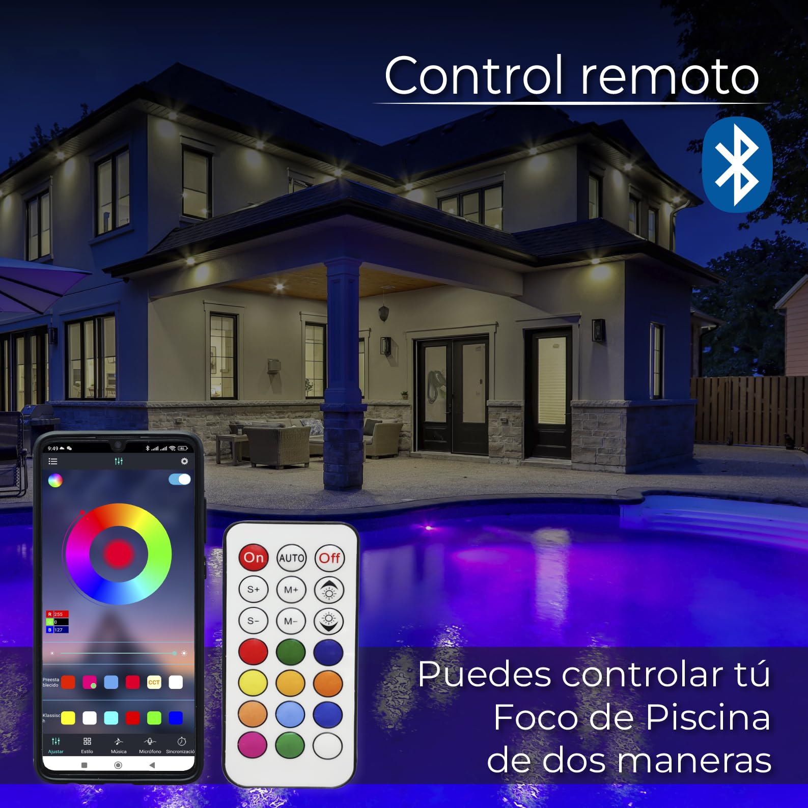 LED ATOMANT 4x Luz Piscina LED RGB 10W IP68 Cable 8m Adaptador y Mando