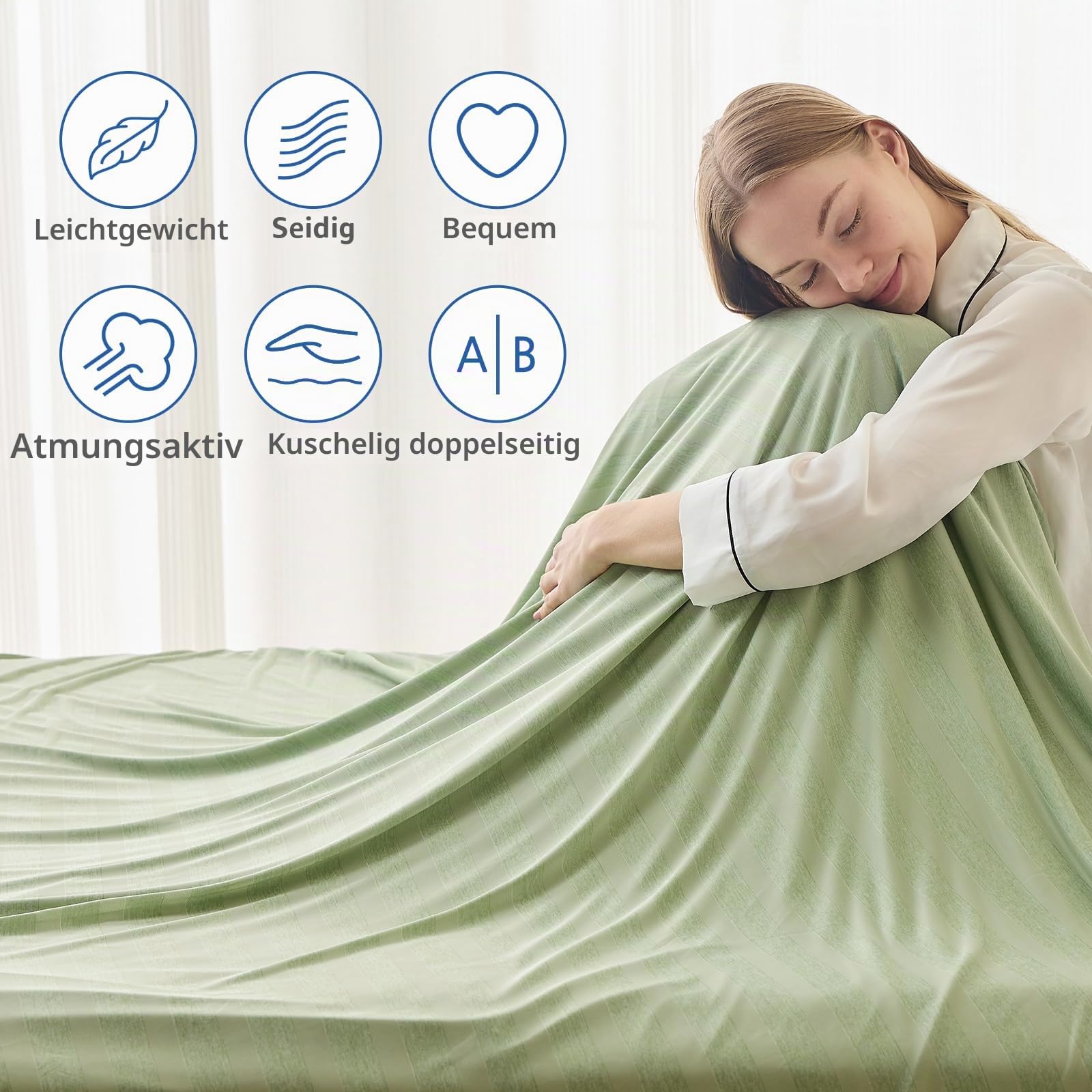 EMME Kühldecke Kühlende Decke, Arc-Chill Q-Max>0,5, 230 x230 cm, 2 in 1 Doppelseitige Dünne Sommerdecke, Leicht Atmungsaktiv Tagesdecken, Sofa Decken,Bettüberwurf Groß Kuscheldecke,Grün Gestreift