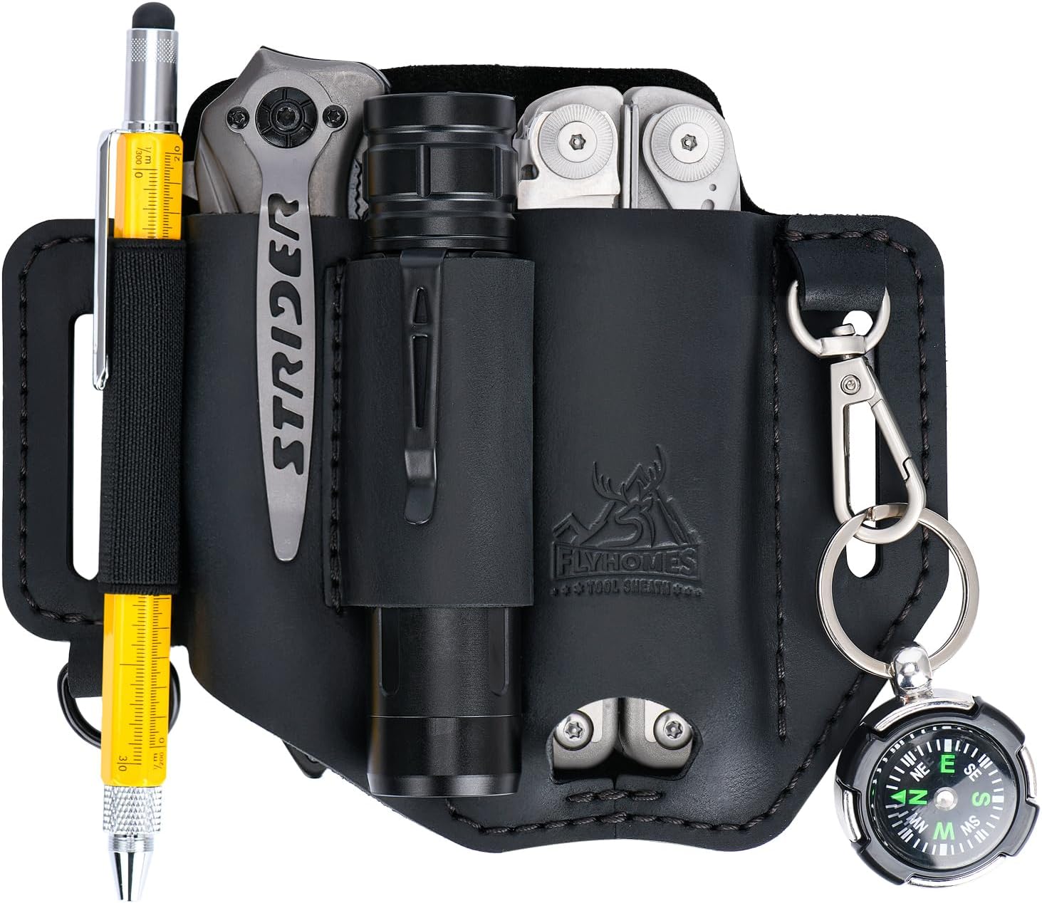 FLYHOMES Premium Full-Grain Genuine Cowhide Leather Multitool Sheath | Handmade Stitched Belt Organizer for Leatherman, Flashlight, Pen & EDC Tools | Multi-Tool Holster Pouch with Keychain Clip