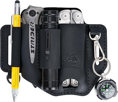 FLYHOMES - Funda multiherramienta de cuero de vaca genuina de grano completo Organizador de cinturón cosido hecho a mano para Leatherman, linterna,