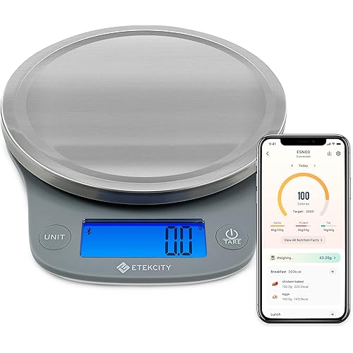 Etekcity Nutrition Smart Food Kitchen Scale, Digital Ounces and Grams for Cooking, Baking, Meal Prep, Dieting, and Weight Loss, 11 Pounds-Bluetooth, 304 Stainless Steel