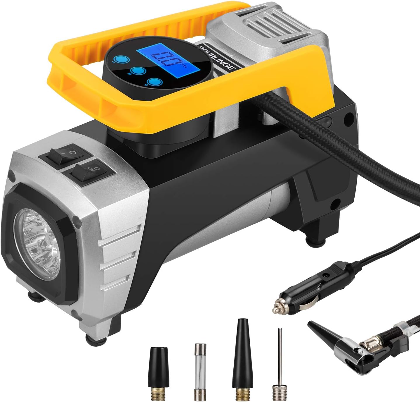 rourlinge Air Compressor Tire Pump, Portable 150 PSI with Preset Pressure and Emergency Light for 12V DC Car, Motorcycle, Bicycle