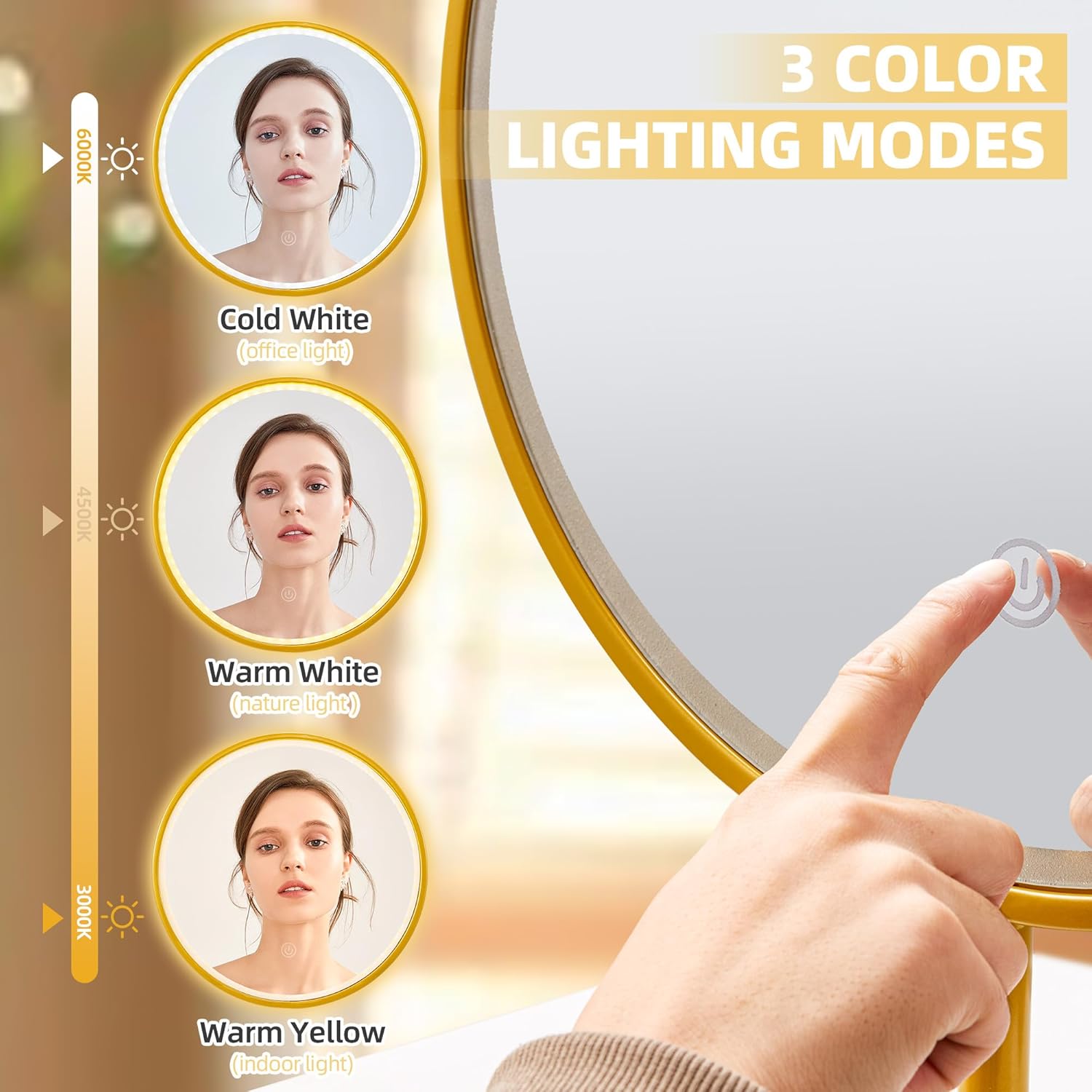 Lighted Makeup Mirror, Vanity Mirror with USB Plug, 3 Colors Brightness Dimmable Table Mirror, Round Mirror, Cosmetic Mirror, Brightness Adjustable, Gold