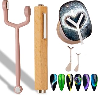 Cat Eye Magnet Set for Magnetic Gel Nail Polish:3 IN 1 Wooden Handle Nail Magnet,Multifunctional Y-Shaped Double Head Magnet,2Pcs Guide for Heart Cat Eye Magnet Manicure Art Accessories