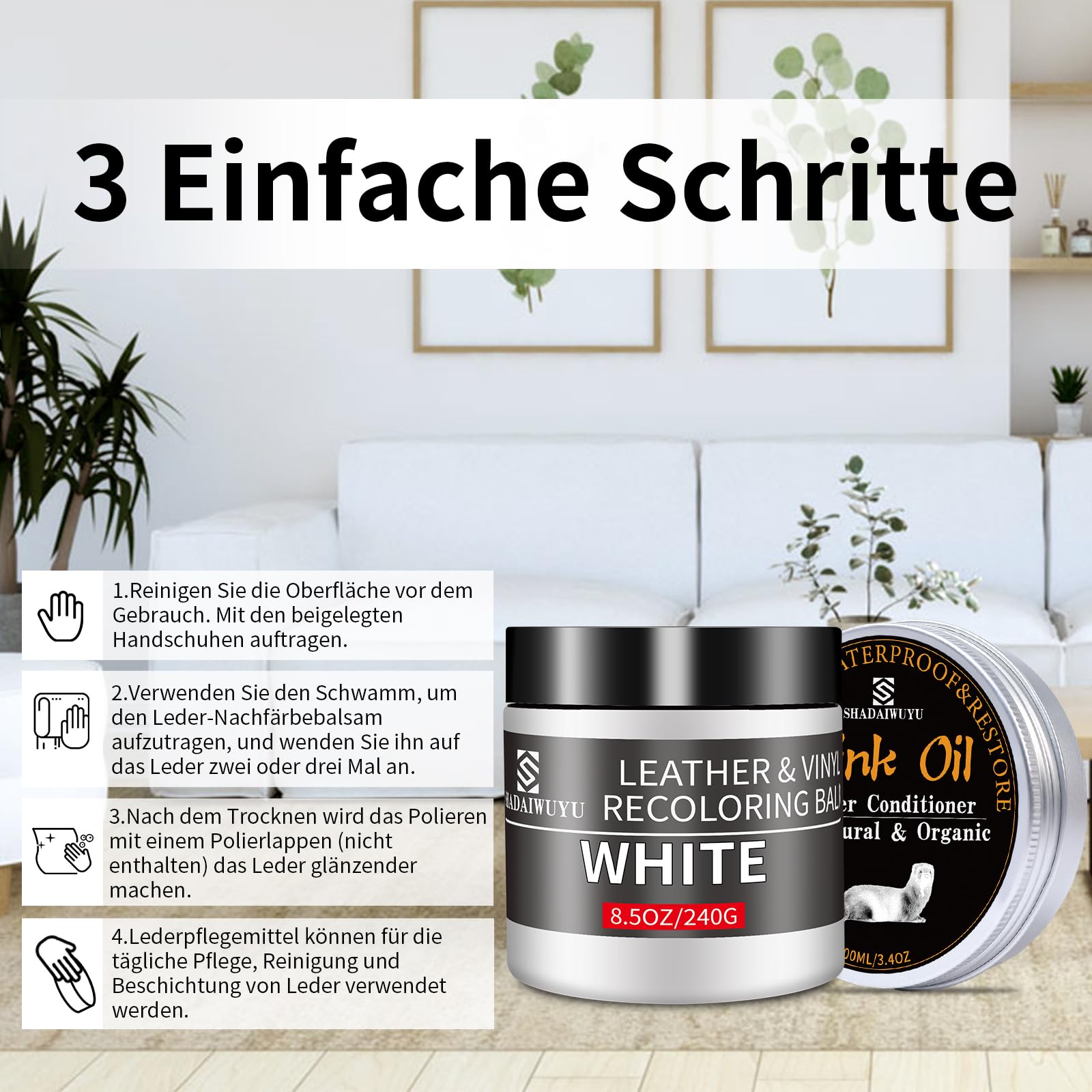SHADAIWUYU 240g Lederpflege Auto mit Lederfett(100ml),Leder Reparatur Set Weiß,Flüssigleder,Lederfarbe,Kunstleder Reparaturset zum Reparieren von Sofas,Vinylmöbeln,Autositz bei Verblassen und Kratzer
