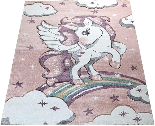 Miniatura 7 de Paco Home Alfombra infantil para habitación de los niños, unicornio dulce con cielo estrellado, tamaño 5 pies 3 pulgadas x 7 pies 7 pulgadas, color