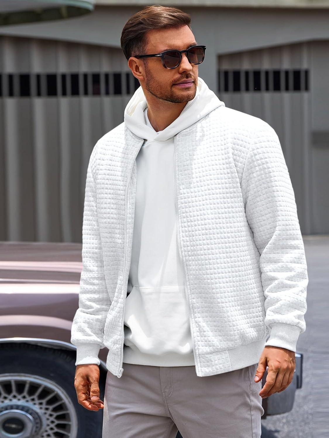 Runcati Mens Bomber Jacket Casual Lightweight Varsity Jackets Waffle Full Zip Coat - Image 4