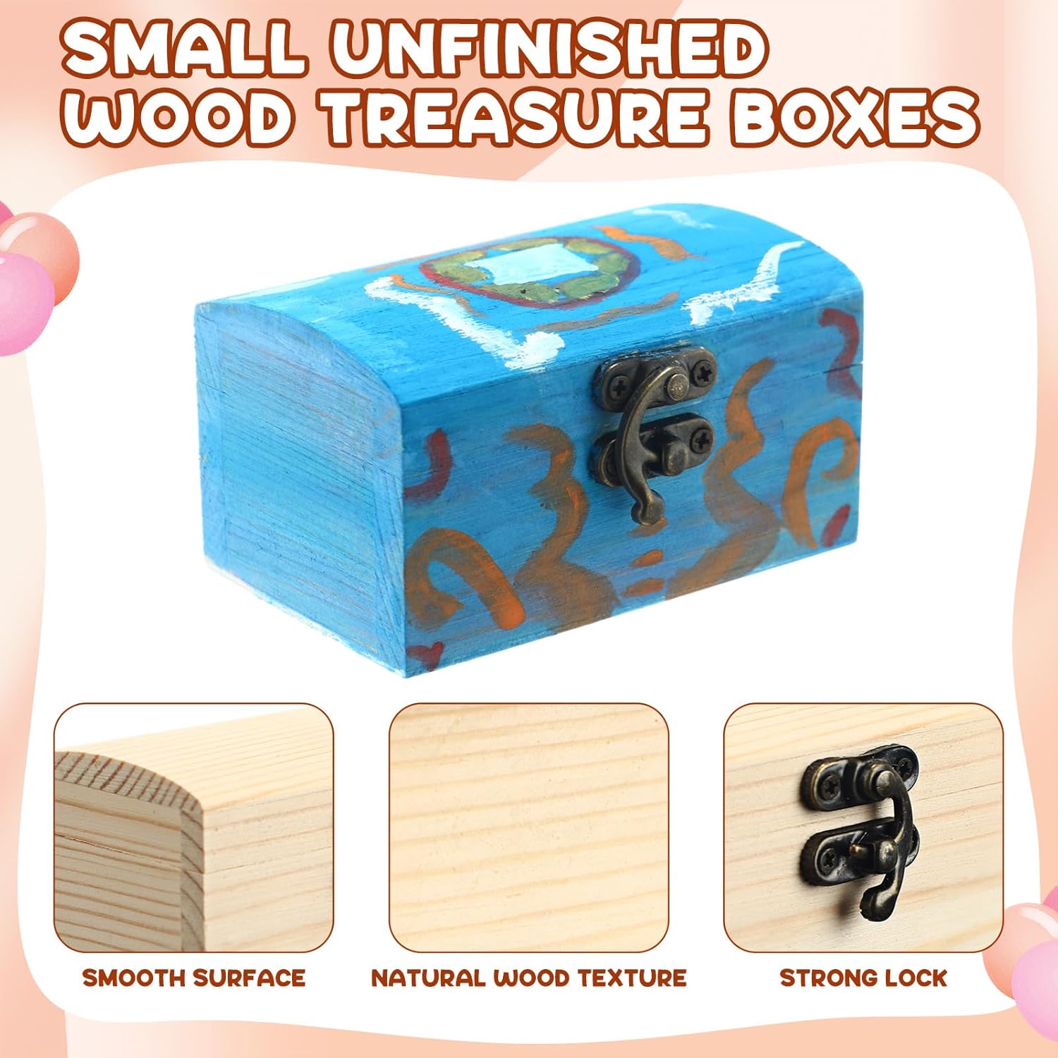 Chumia 24 Pack Unfinished Wooden Craft Boxes with 10 Paintbrushes Small Wooden Boxes Treasure Chest with Locking for DIY Pirate Decor, 3.5x2.2x2 Inch