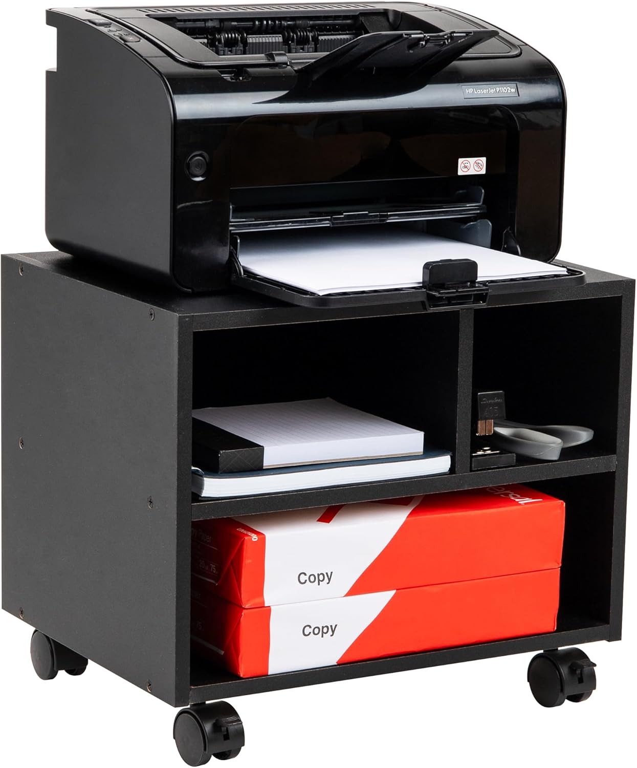 Mind Reader Rolling Printer Cart, Utility Cart, Printer Stand, Under Desk Storage, Office, MDF, 16" L x 12" W x 13.75" H, Black