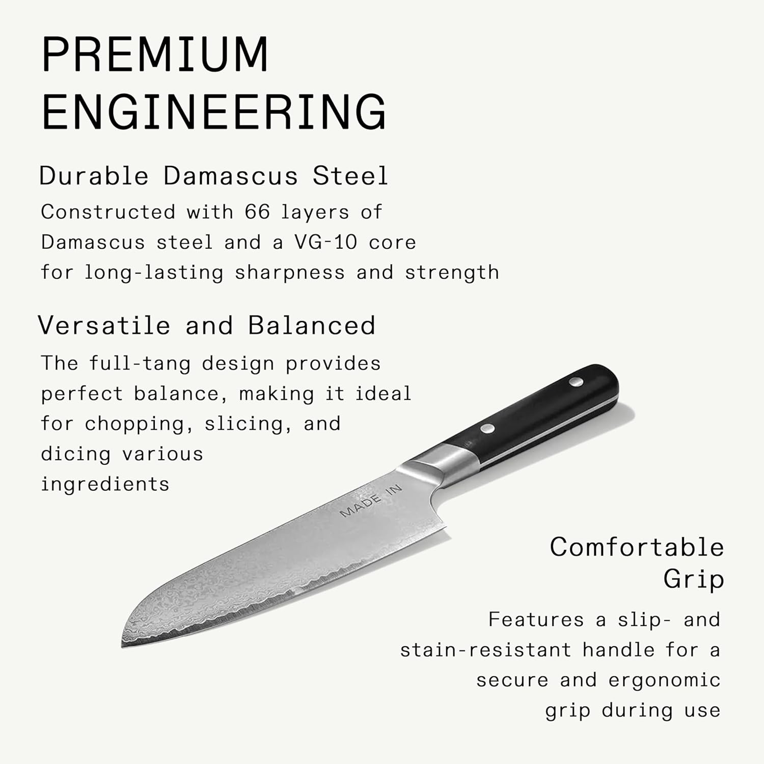 Made In Cookware | 6" Japanese Damascus Steel Santoku Knife | 66 Layers of Damascus Steel with a VG-10 Core | Crafted in Japan | Full Tang With Black POM Handle