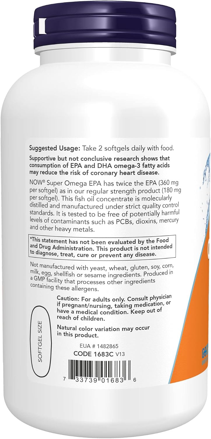 NOW Supplements, Super Omega EPA, 360 EPA / 240 DHA, Molecularly Distilled, Cardiovascular Support*, 240 Softgels
