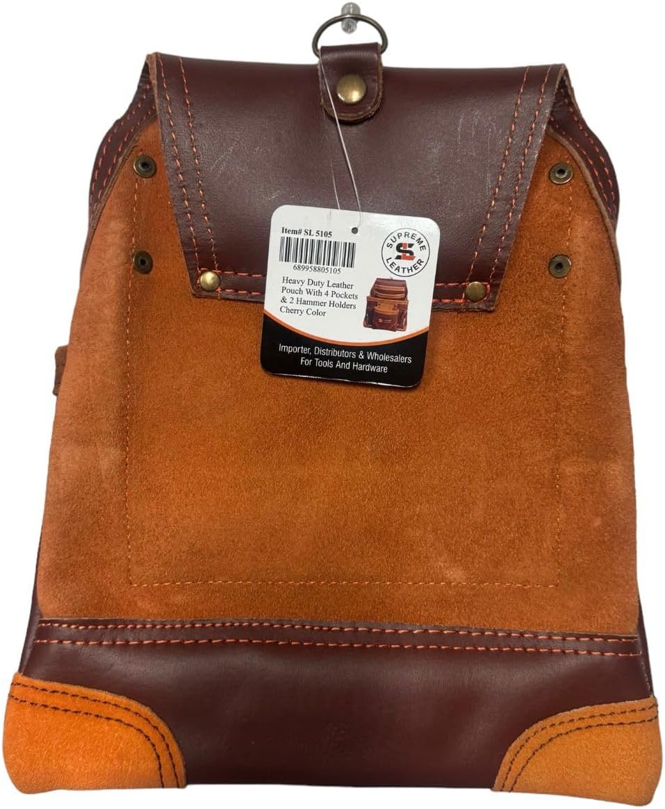 Oil Tanned Leather Tool Pouch Bag | White| Carpenter, Construction, Framers, Handyman | 10 Pockets, 2 Hammer Holders | 100% Leather (Birch, Standard)