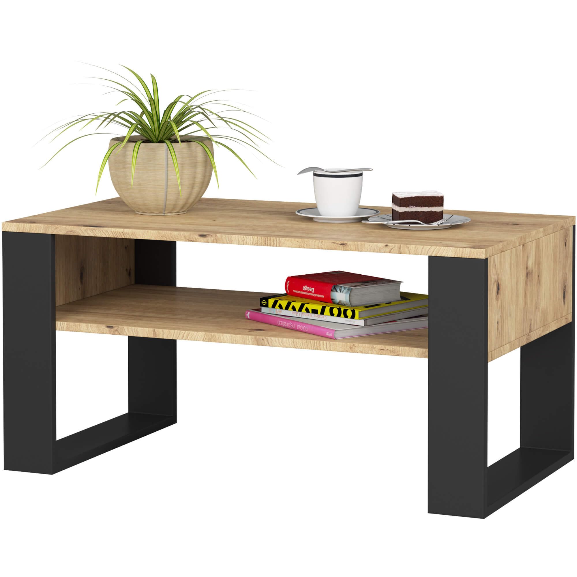 AKORD | Tavolino da Salotto in Legno - DOMI | Tavolo da Caffè con gambe un Ripiano | Coffee Table | Tavolini Basso Moderno | Arredamento Casa | 92 x 45 x 53 cm | Rovere Artigianale & Nero Frontale